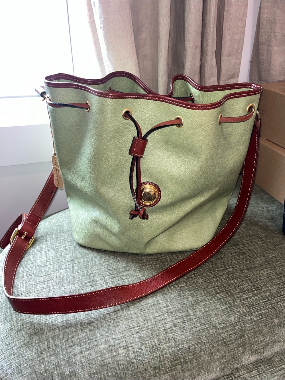 Nannini Mint Green Leather Drawstring Shoulder Bag with Brown Trim